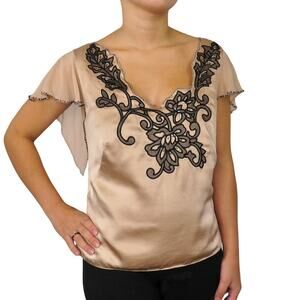 90s Vintage Pappel Studio Tan Creme Satin Embroidered Glam Regency Blouse Small